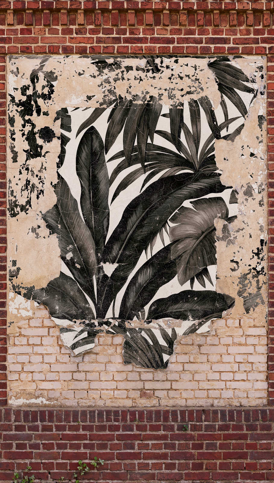             Papier peint mur de briques avec feuilles de palmier au look usé - marron, beige, rouge
        
