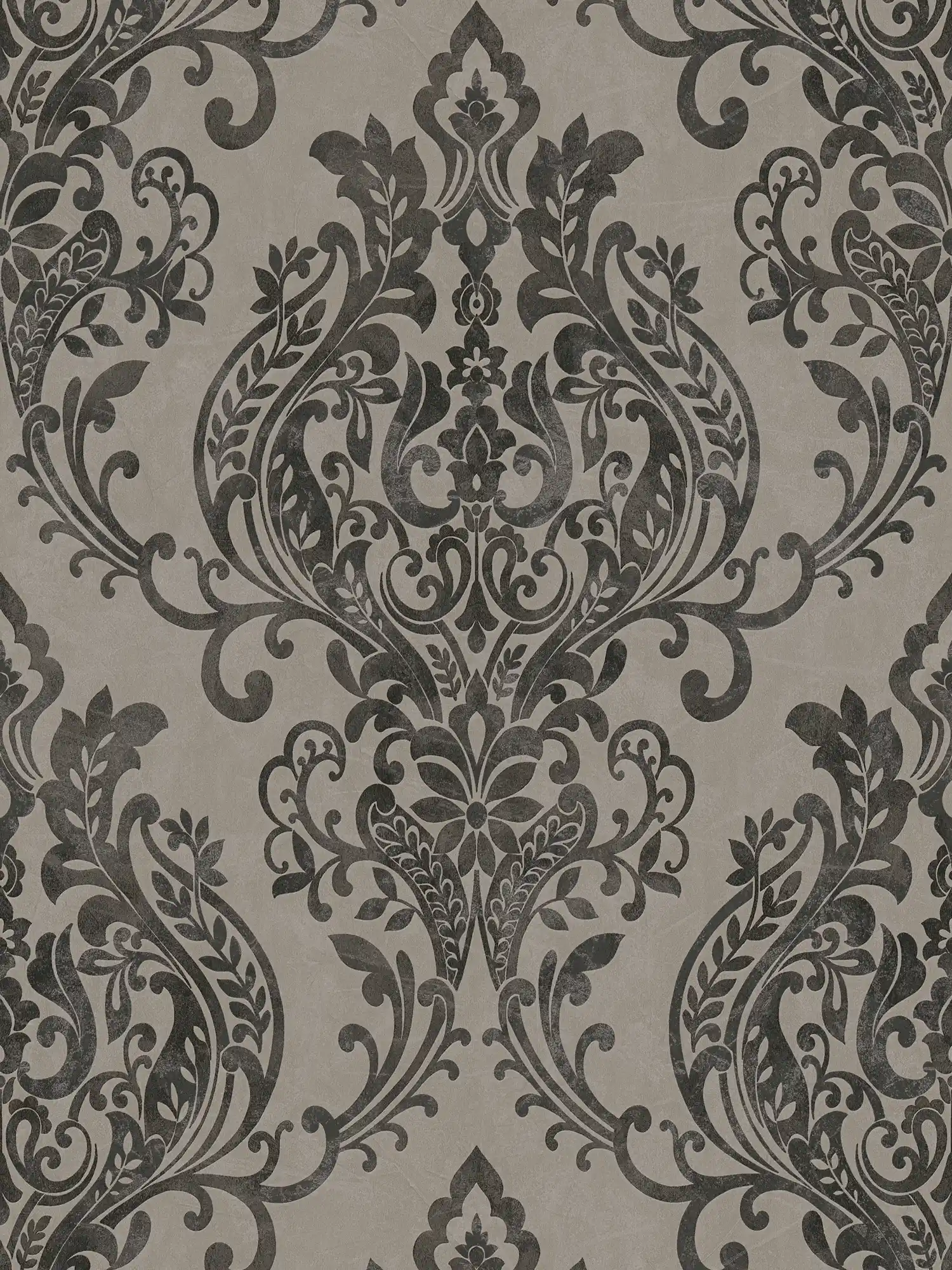 Papel pintado ornamental vintage, floral - gris, negro
