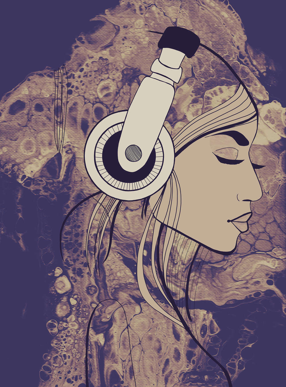             Mural de música Mujer con auriculares en estilo de arte lineal
        