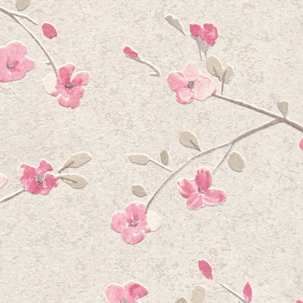             Non-woven wallpaper with cherry blossom design in Asian style - brown, pink, white
        