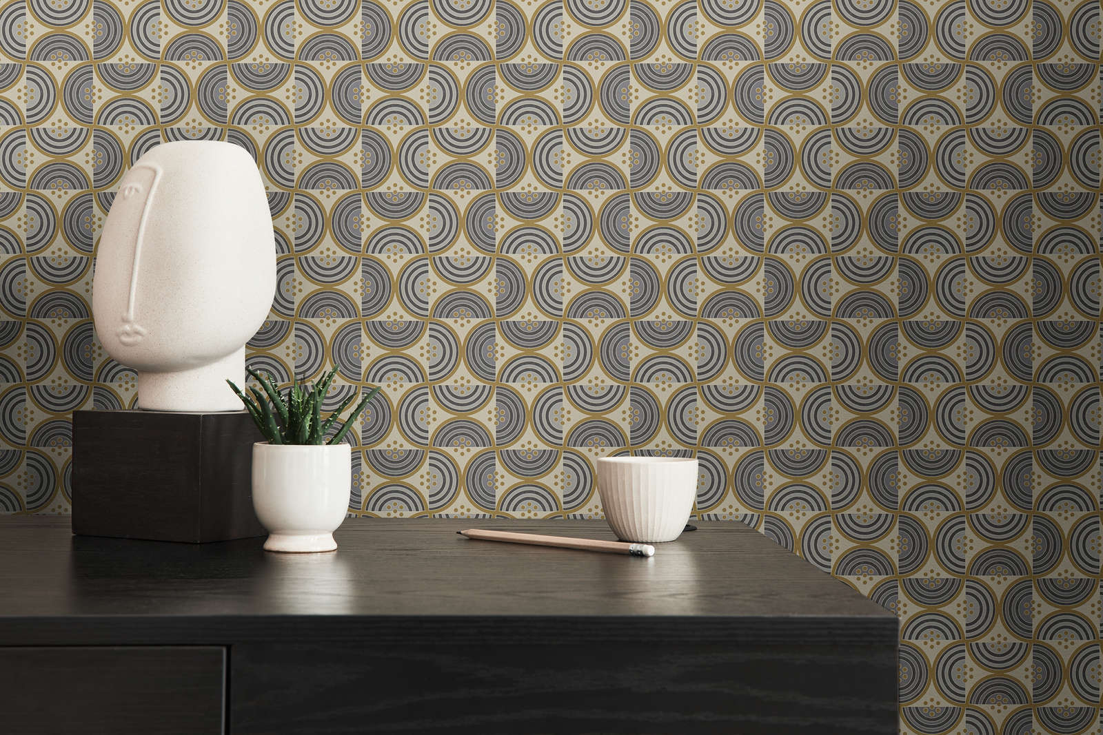             Non-woven wallpaper with square pattern of semicircles and dots - yellow, grey, black
        
