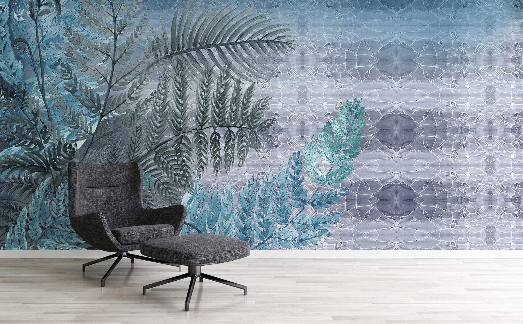             Watercolour photo wallpaper fern pattern in blue and purple on textured non-woven
        