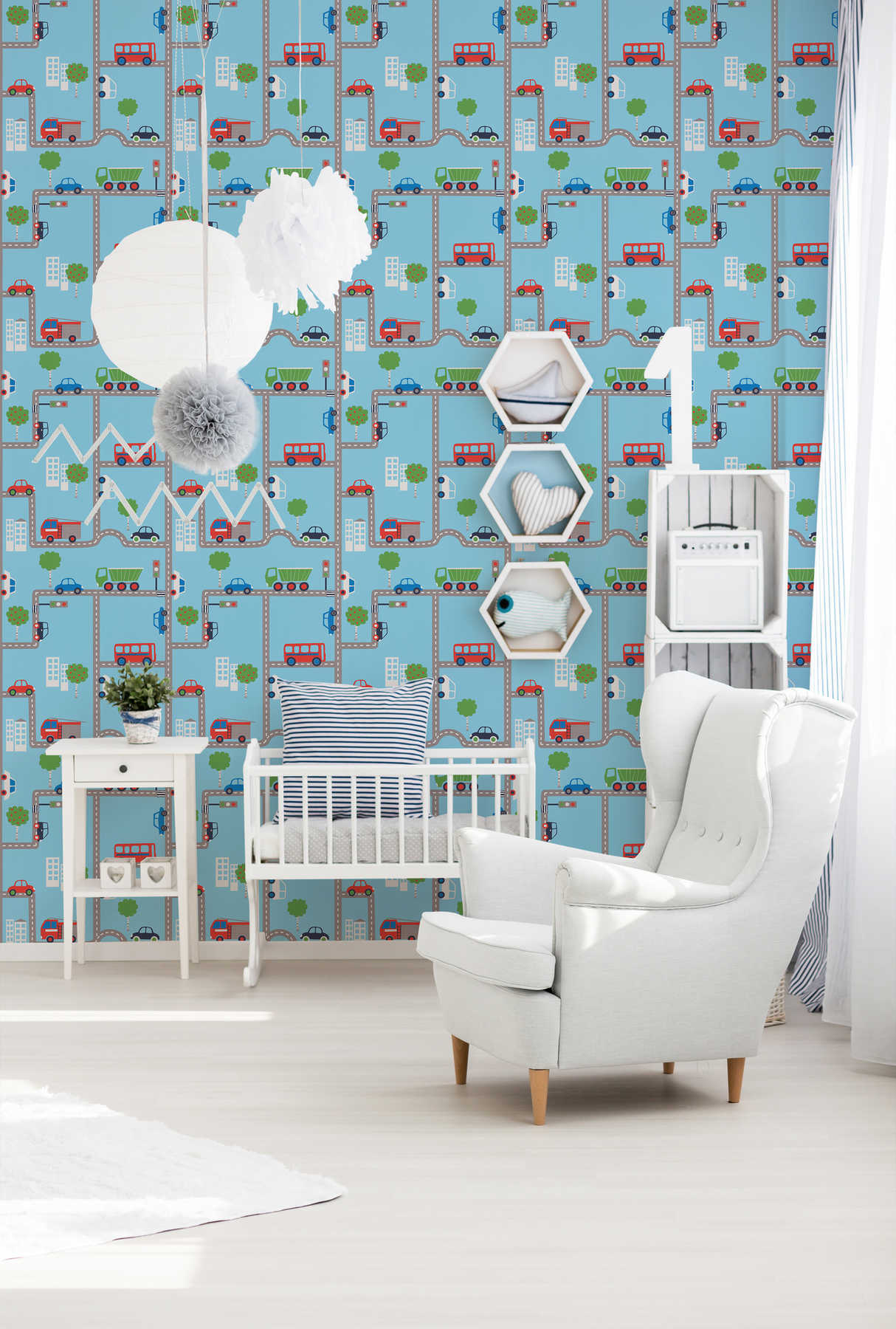             Nursery paper wallpaper with cars & roads in cartoon style - Colorful, Blue
        