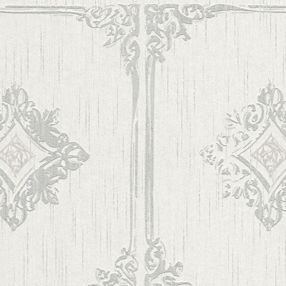             Carta da parati vintage a stucco con cassettoni ornamentali - grigio, bianco
        