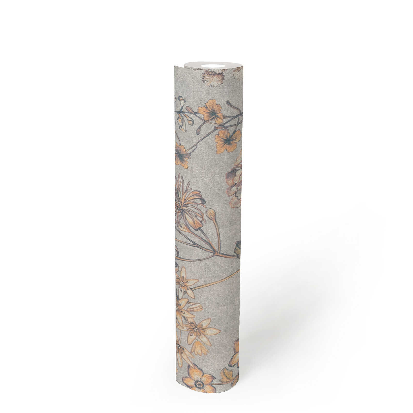             Non-woven wallpaper with floral vintage design - light grey, orange, yellow
        