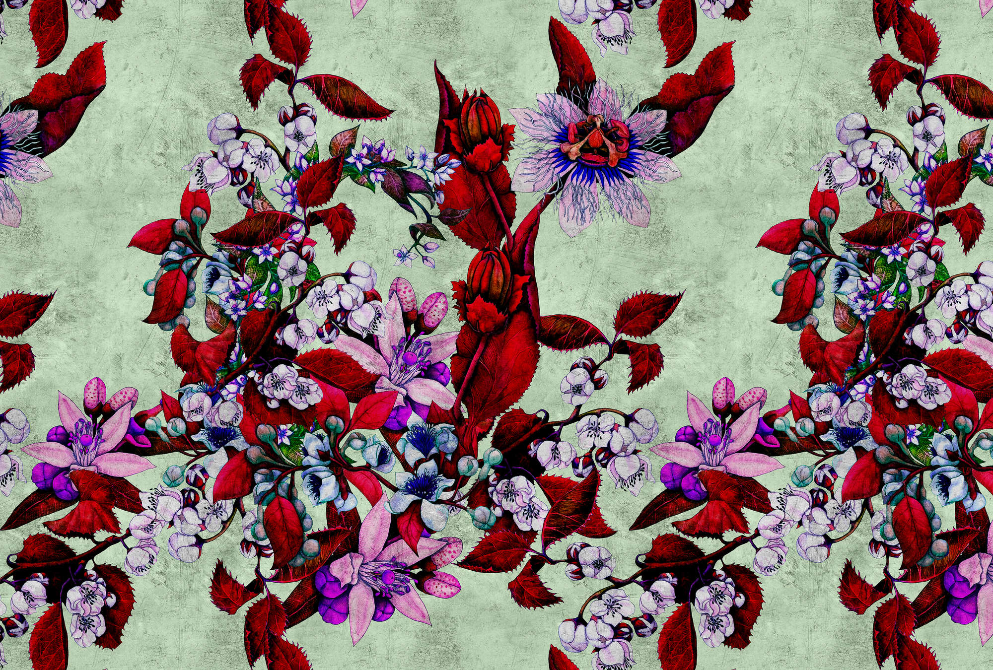             Tropical Passion 3 - Fotomurali con un giocoso disegno floreale - Texture a graffio - Verde, rosso | Premium Smooth Non-woven
        