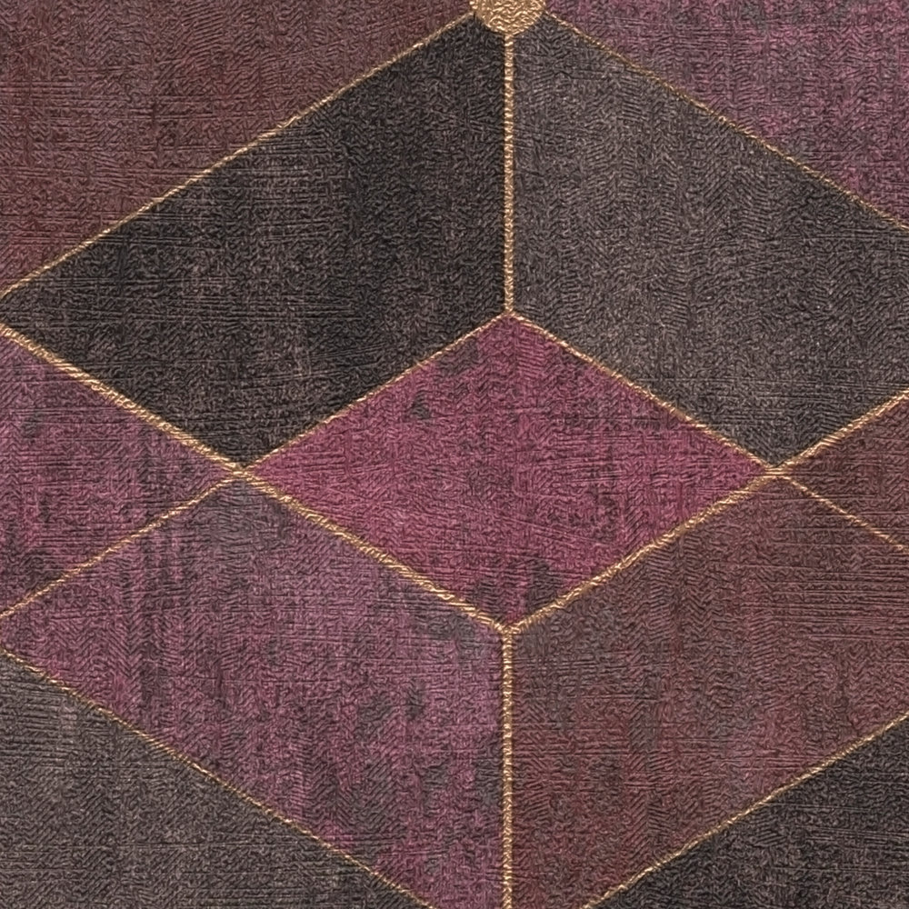             Non-woven wallpaper with retro graphic pattern, purple & gold
        