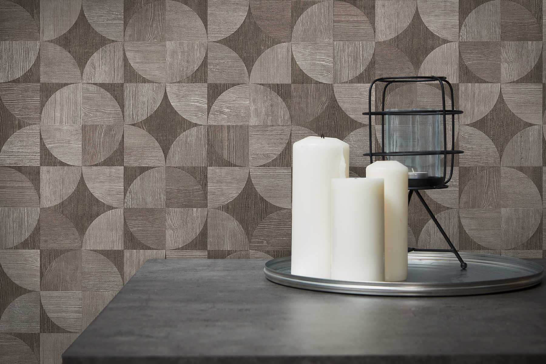             Wallpaper with graphic pattern in wood look - grey, brown
        