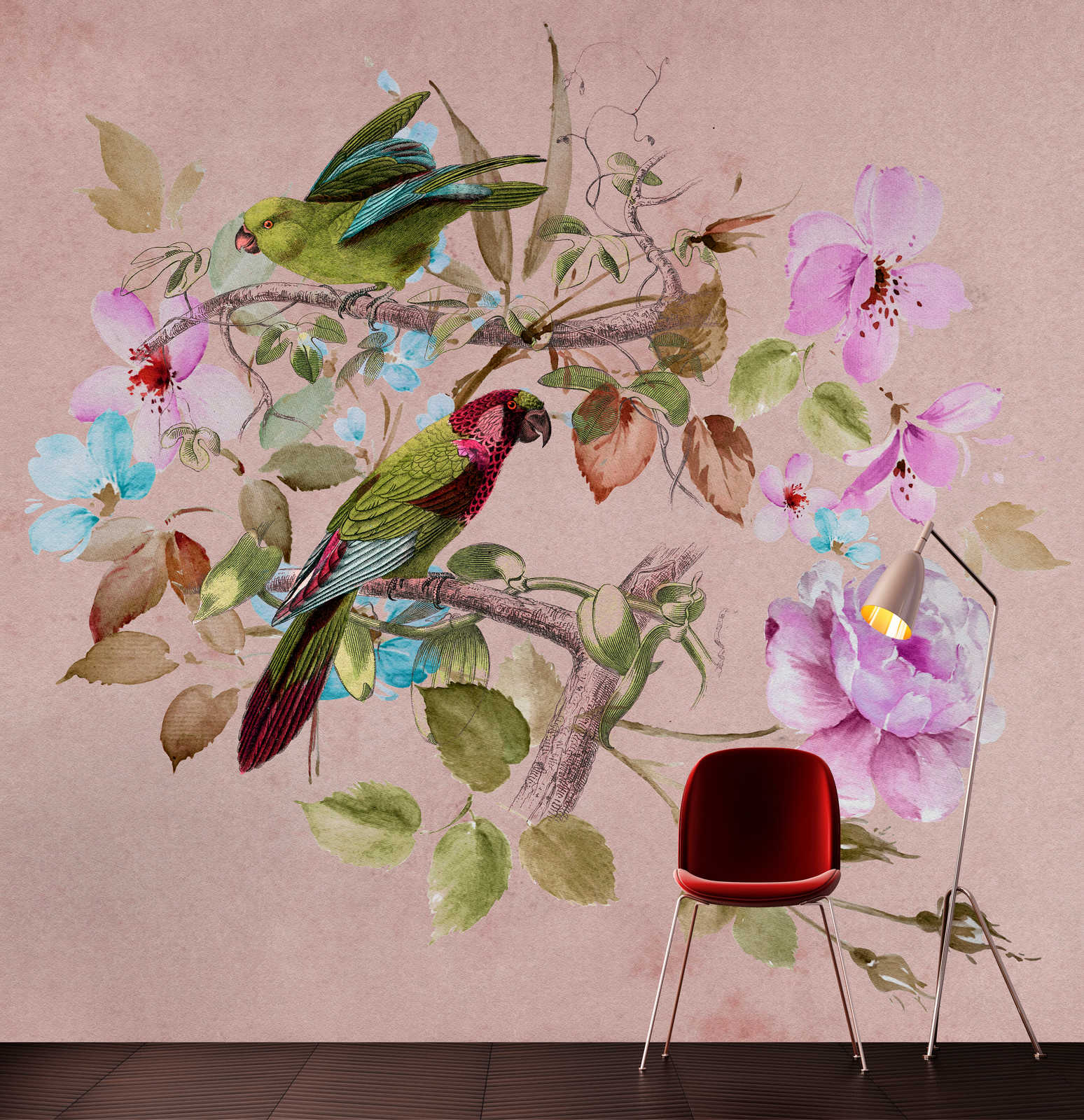             Love Nest 2 - Vintage Behang Roze Aquarel Bloemen & Kleurrijke Vogels
        