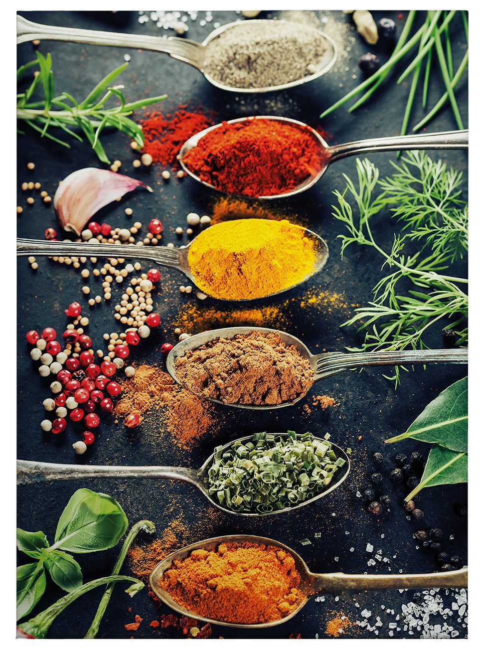             Kitchen canvas print spices on spoons – colourful
        