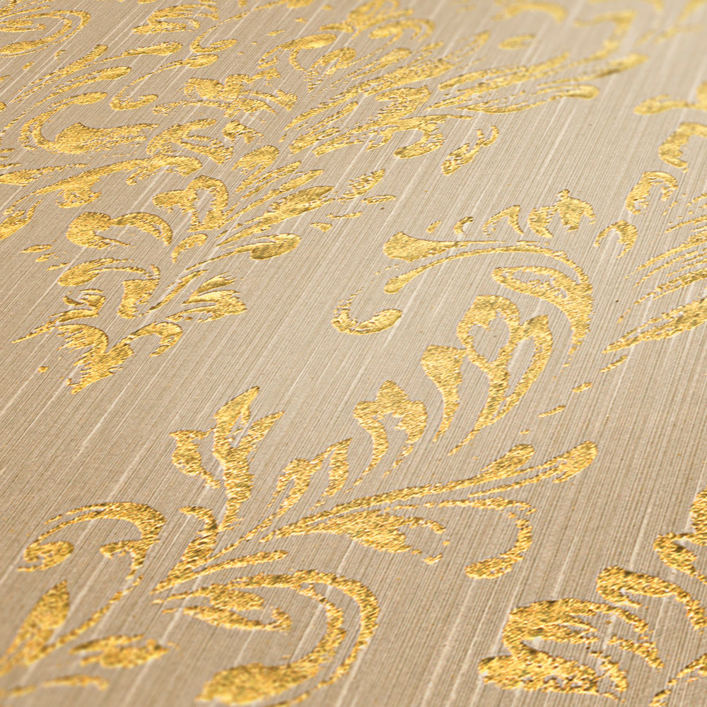             Carta da parati ornamentale floreale con effetto glitter dorato - oro, beige
        