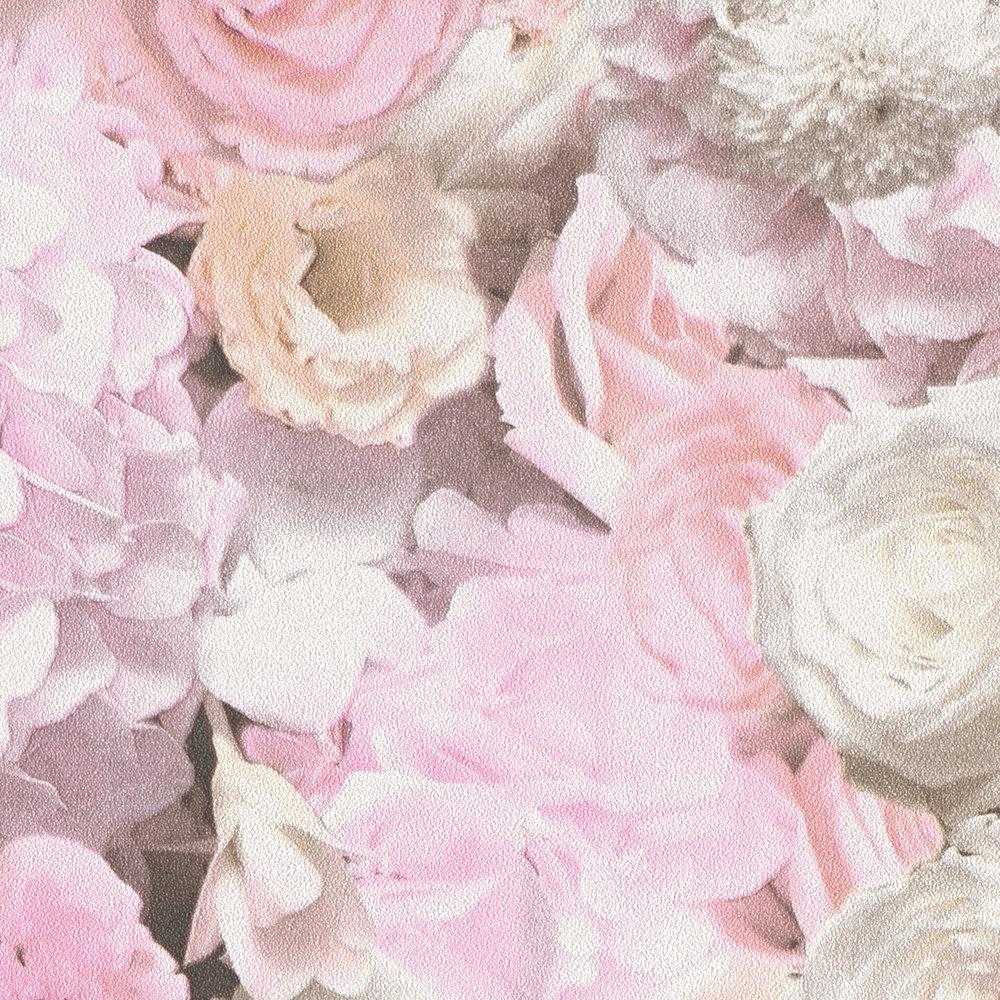             Carta da parati motivo rose e fiori - rosa, bianco
        