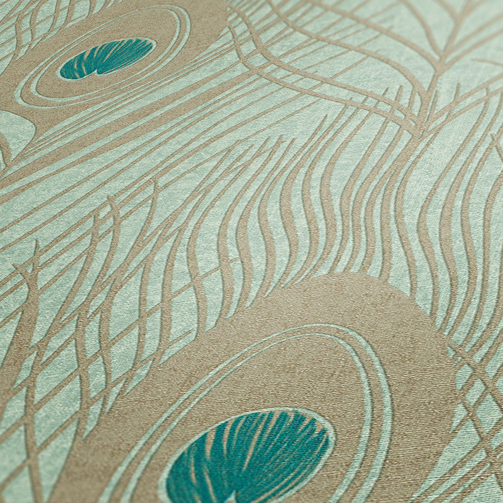             Papier peint intissé vert clair plumes de paon, aspect métallique - vert, bleu, or
        
