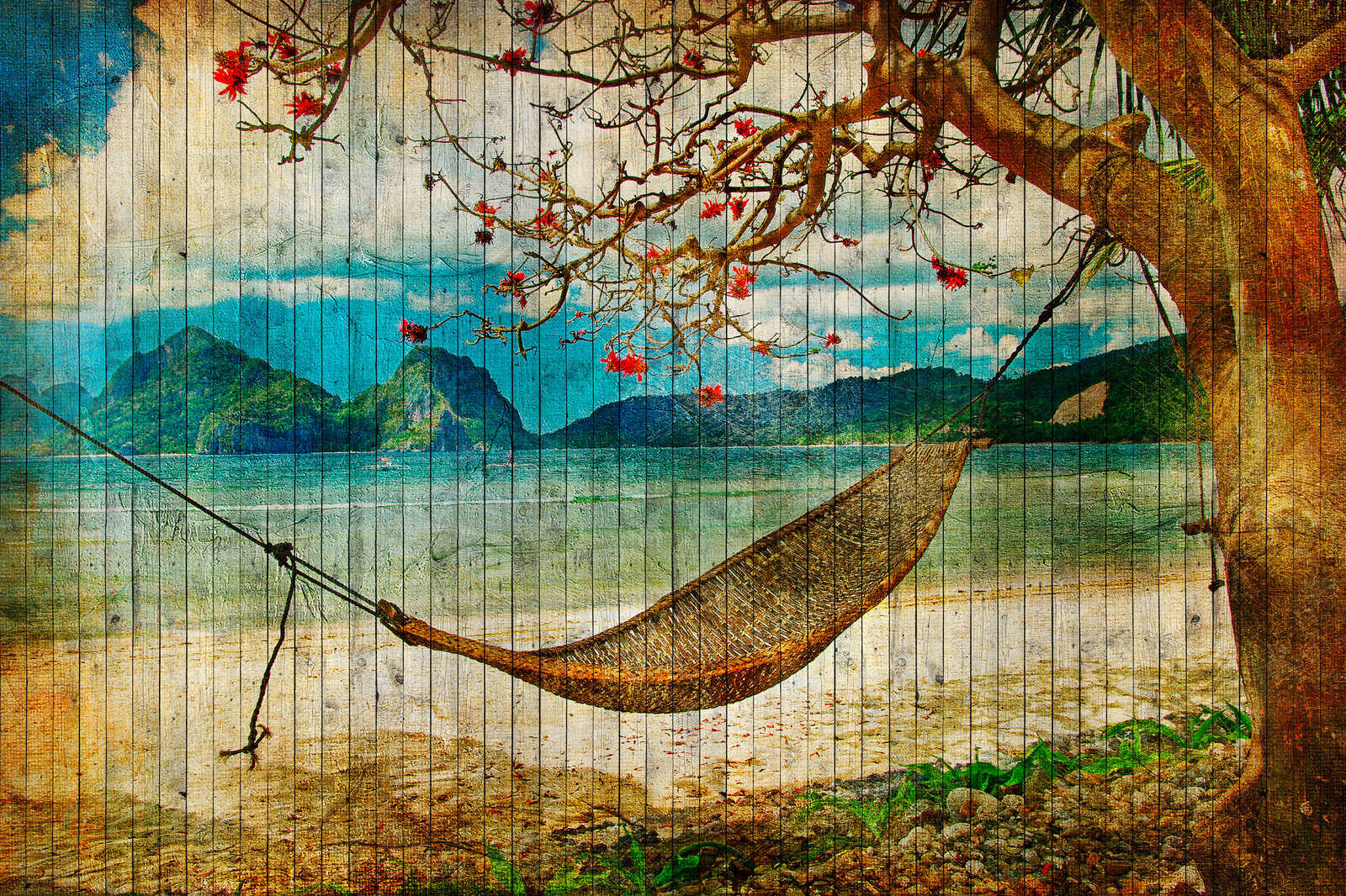             Tahiti 2 - Canvas schilderij in houtpaneel optiek met hangmat & Zuidzee strand - 0,90 m x 0,60 m
        