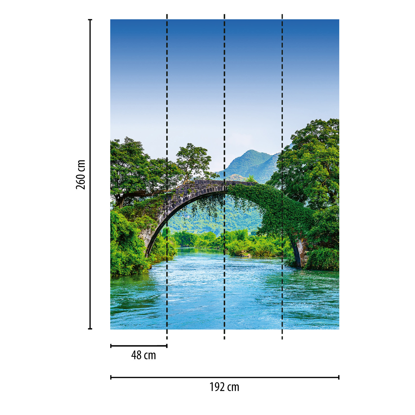             Mural de pared paisaje fluvial asiático con puente
        