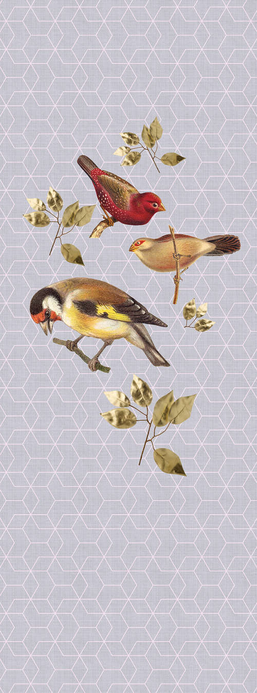             Pannello uccelli - Uccelli e motivi geometrici Pannello fotografico in lino naturale - Pile liscio blu, viola | perlato
        