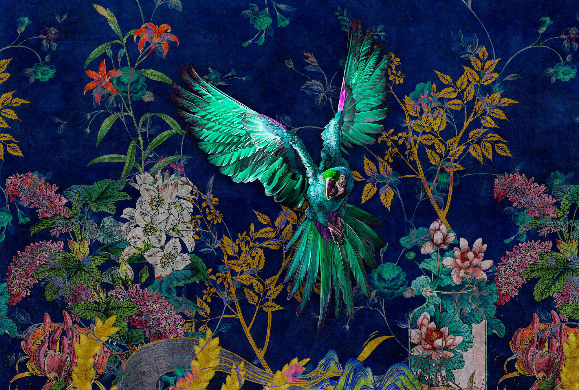             Tropical Hero 1 - papier peint fleurs & perroquet couleurs intenses
        