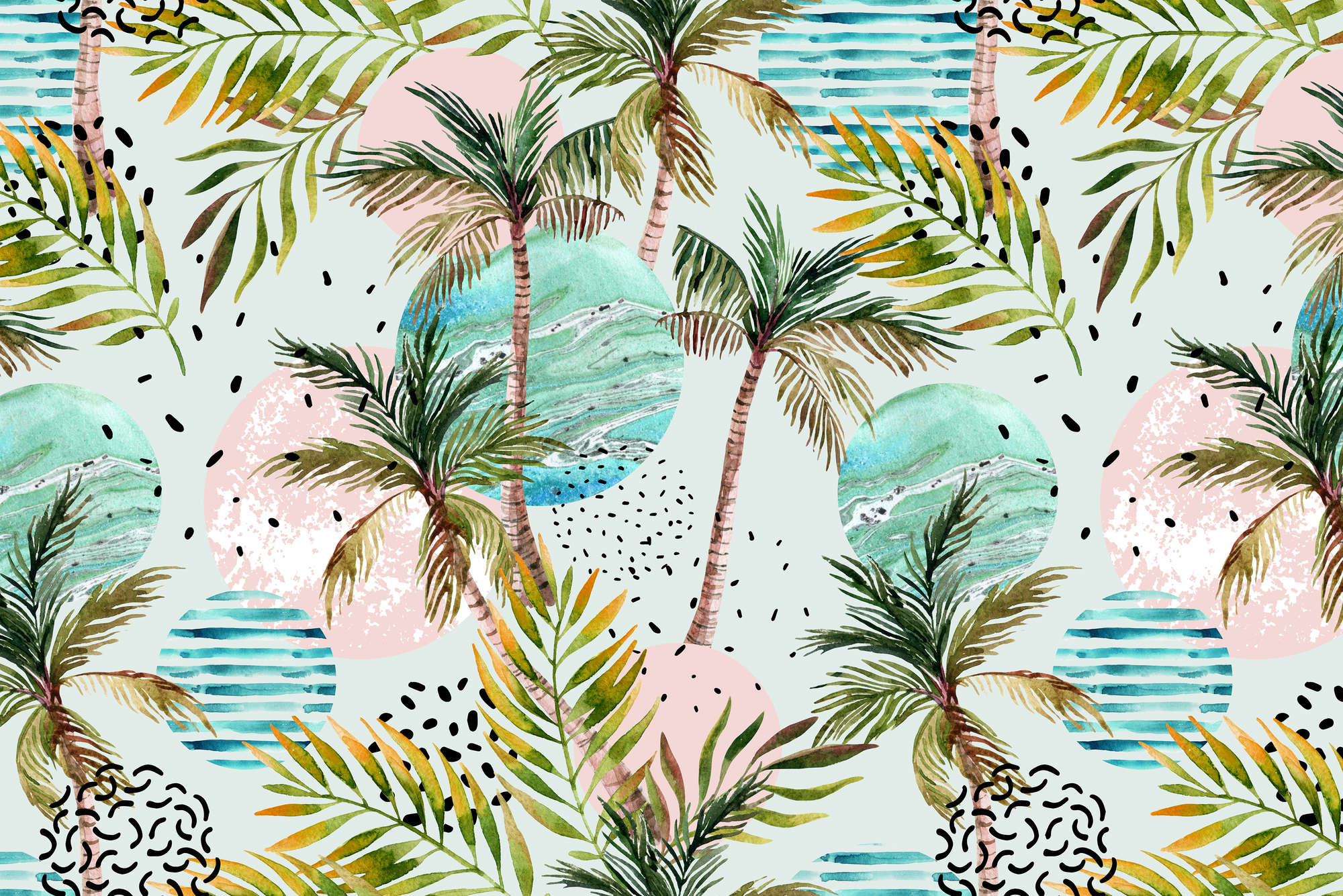             Mural gráfico de palmeras con símbolos de olas sobre vellón texturizado
        