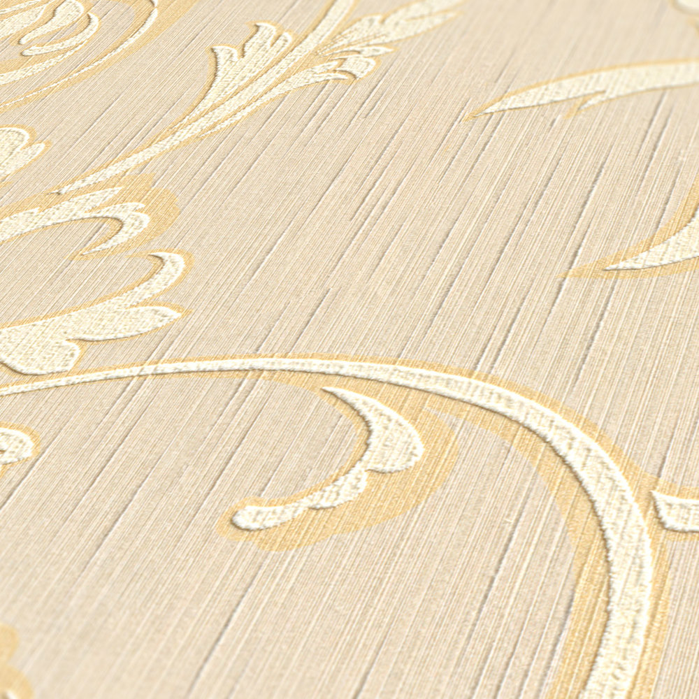             Papel pintado ornamental con aspecto de seda - crema, dorado, beige
        