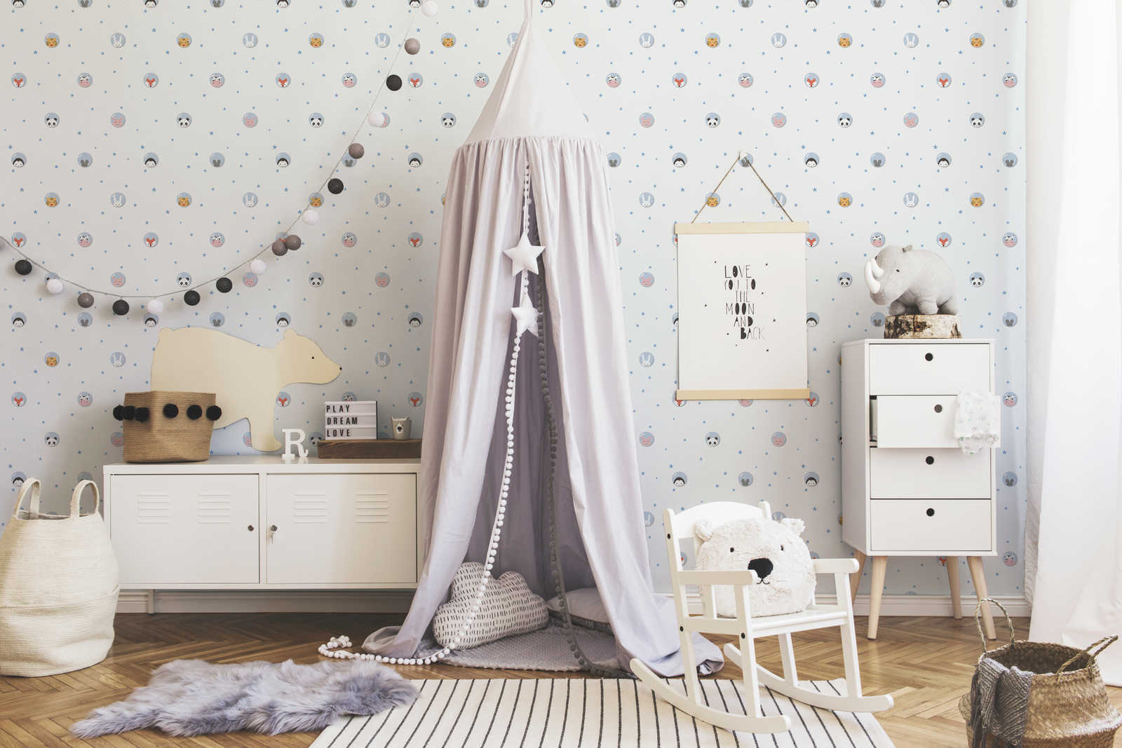             Kinderkamer behang dieren & sterren - blauw, wit, roze
        
