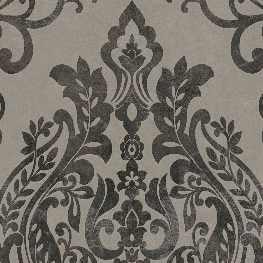             Papel pintado ornamental vintage, floral - gris, negro
        