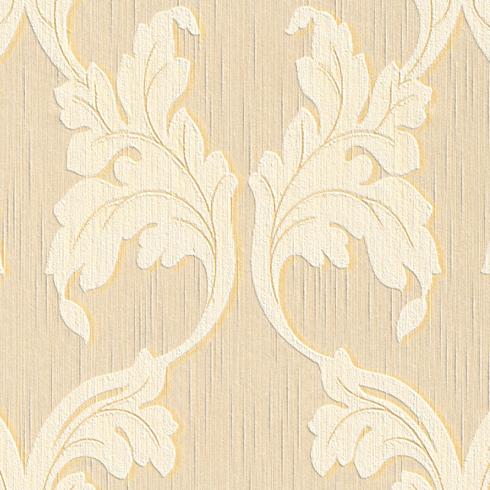             Textile wallpaper with baroque tendrils - beige, yellow
        