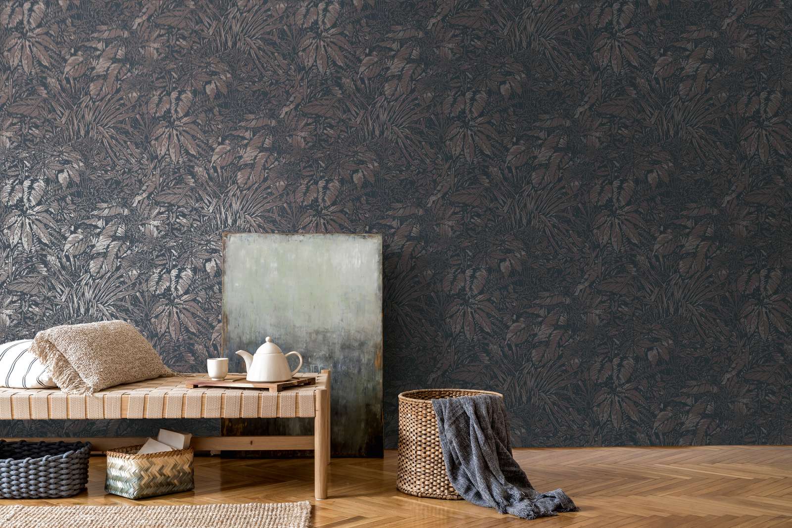             Jungle wallpaper light glossy with leaf pattern - brown, black, silver
        