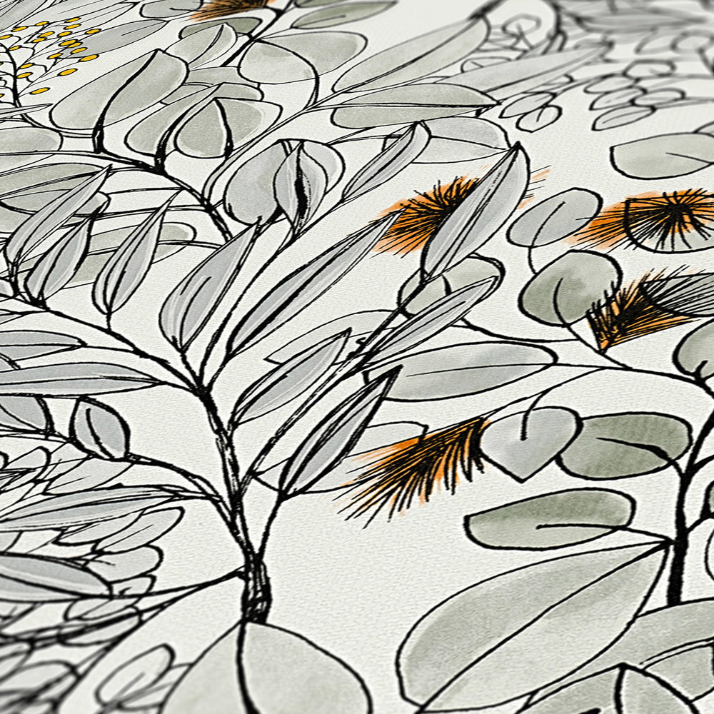             Papel pintado con motivo de hojas en estilo dibujo - gris, naranja, blanco
        