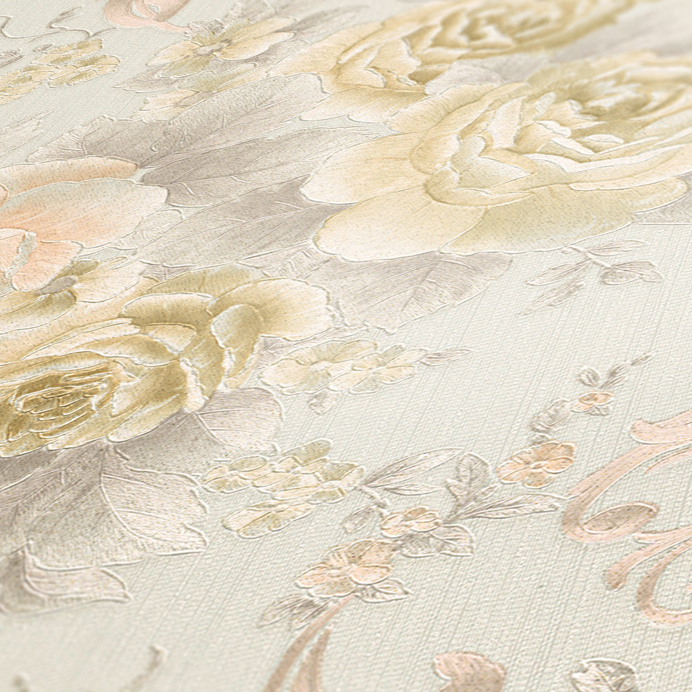             Rose petal wallpaper with metallic effect in country style - cream, grey, pink
        