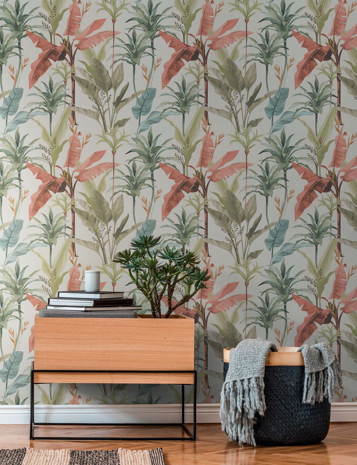             Non-woven wallpaper floral with detailed leaves pattern - green, pink, cream
        