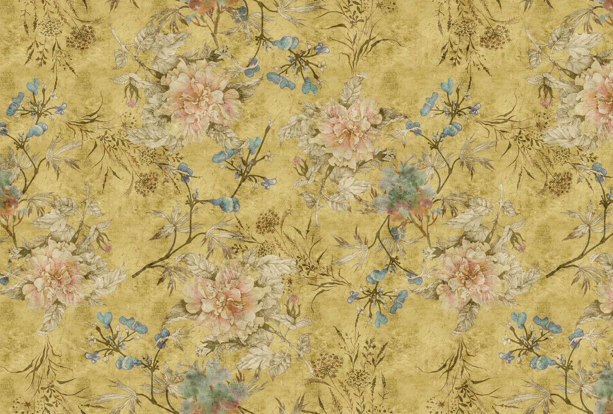             Tenderblossom 2 - Carta da parati floreale dall'aspetto vintage - Texture a graffi - Giallo | Panno liscio perlato
        