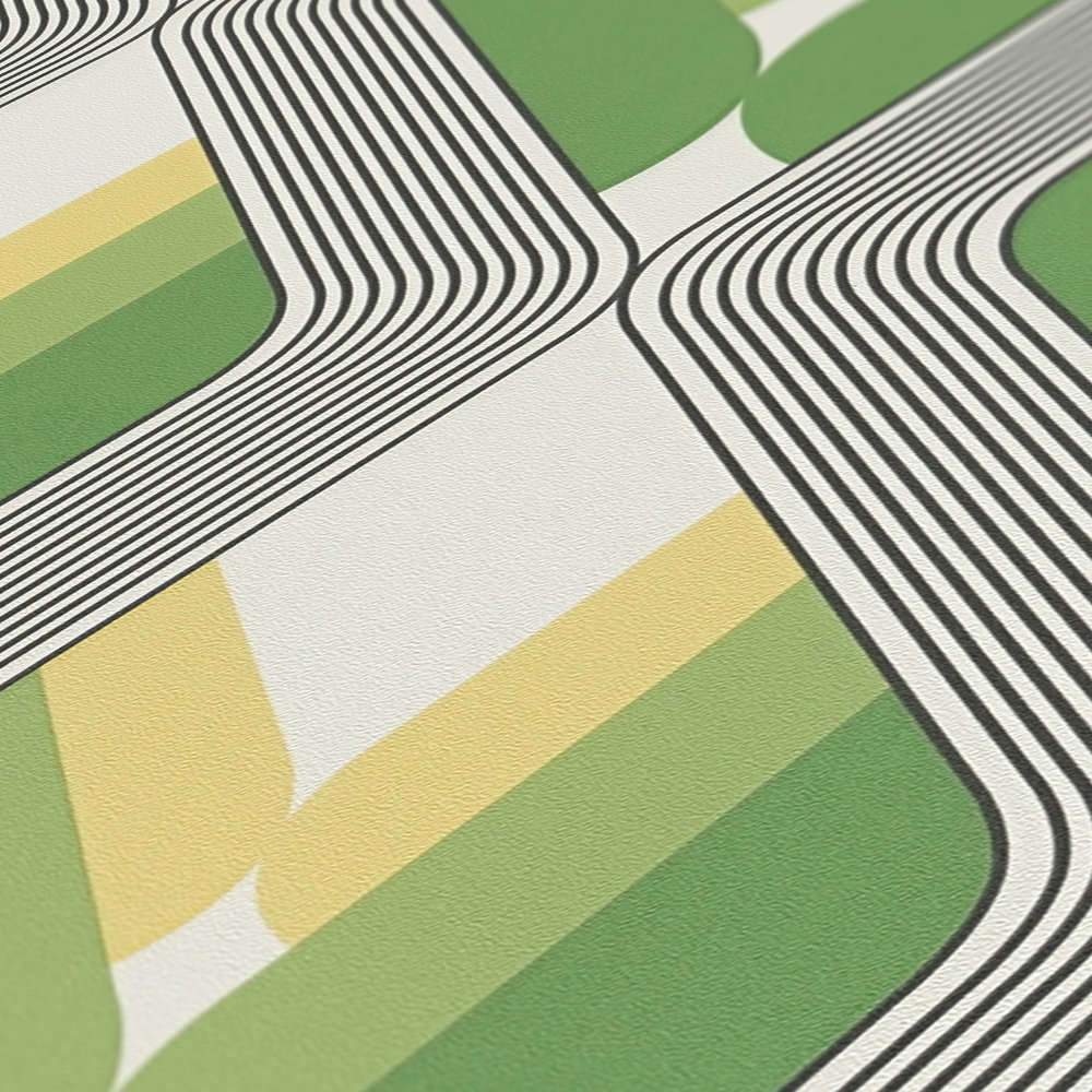             Grafisch behangpapier jaren 70 design - groen, wit, zwart
        