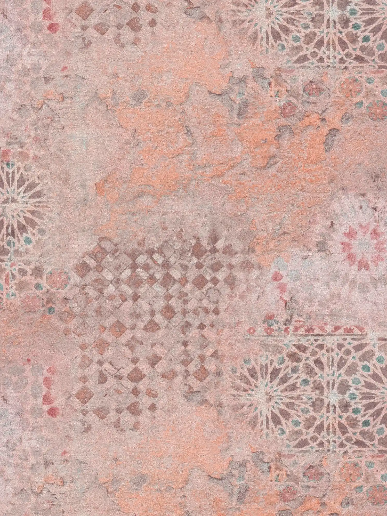 Carta da parati colorata in tessuto non tessuto con motivo a mosaico rustico - marrone, grigio, arancione
