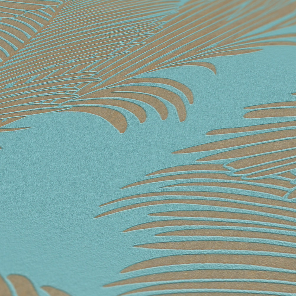             Papel pintado no tejido turquesa con motivo de hojas en oro metálico
        