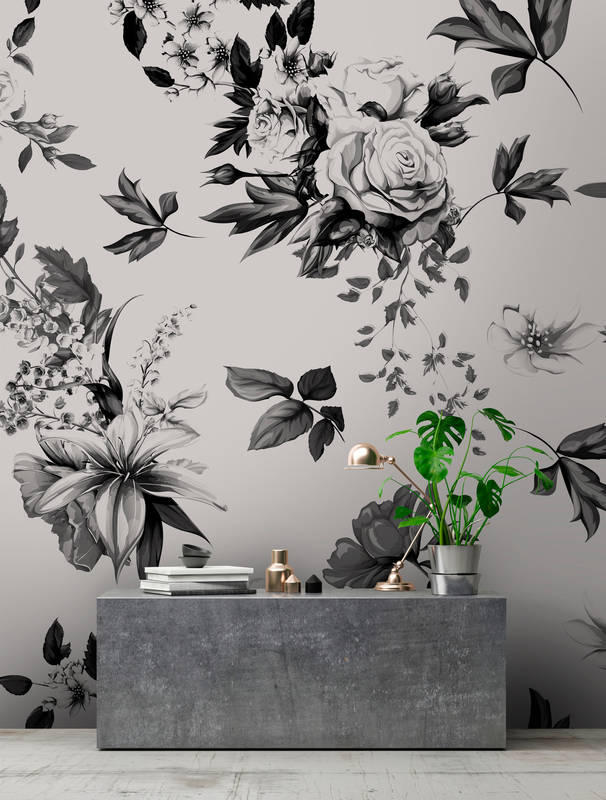             Papier peint panoramique roses & fleurs design miroir - gris, noir
        