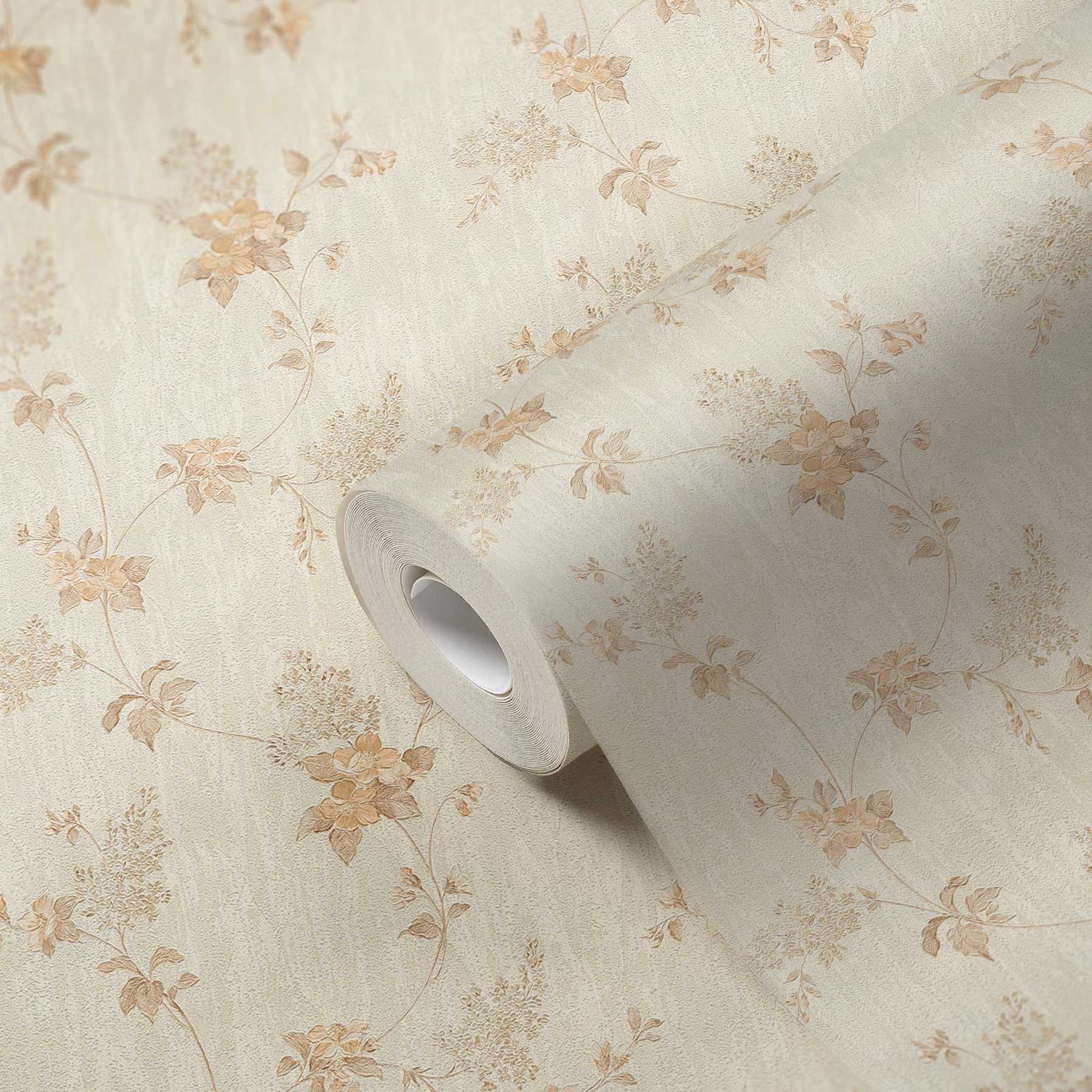             Papier peint avec motifs floraux et aspect plâtre - beige
        