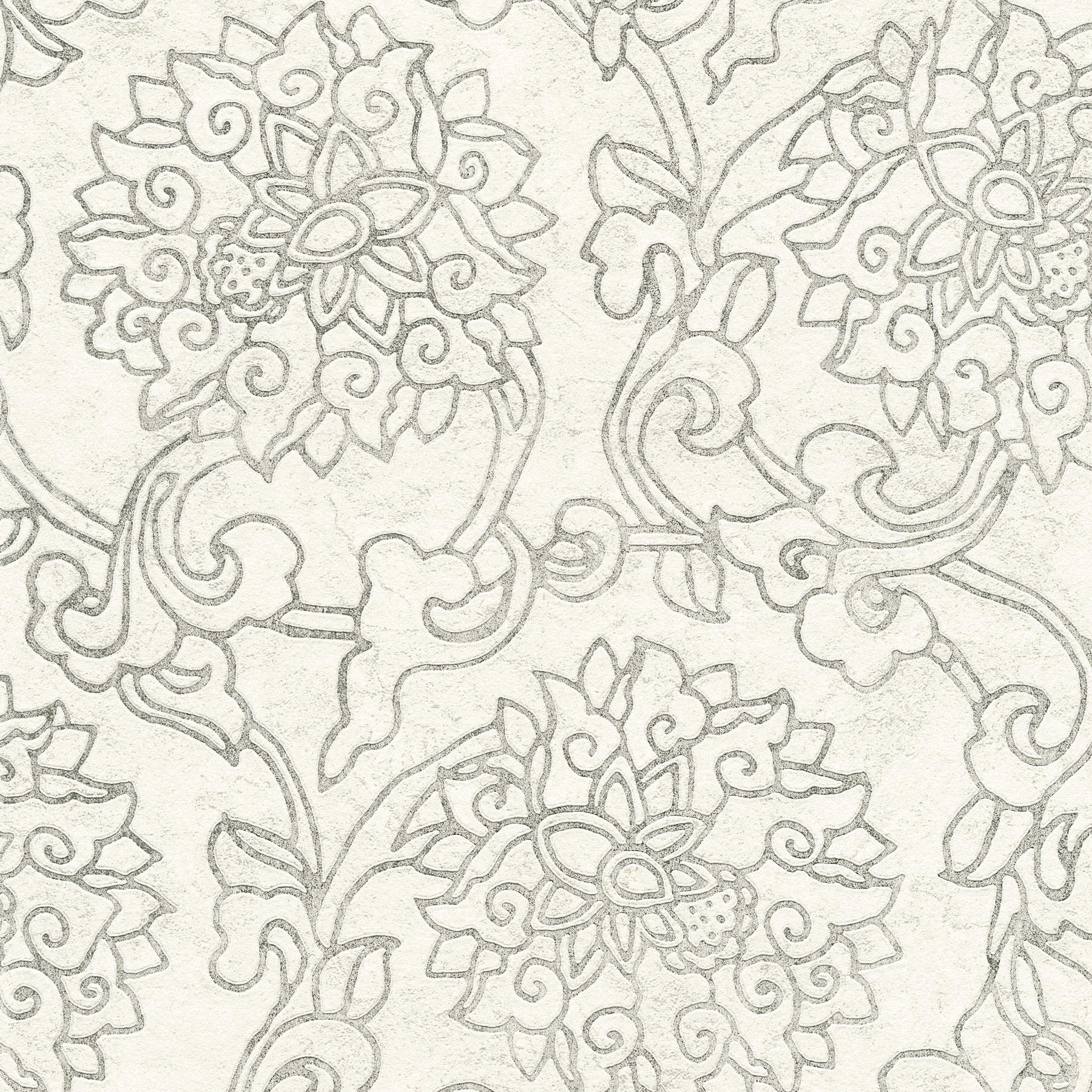 Carta da parati ornamentale floreale in stile asiatico con accenti dorati - bianco, argento, grigio
