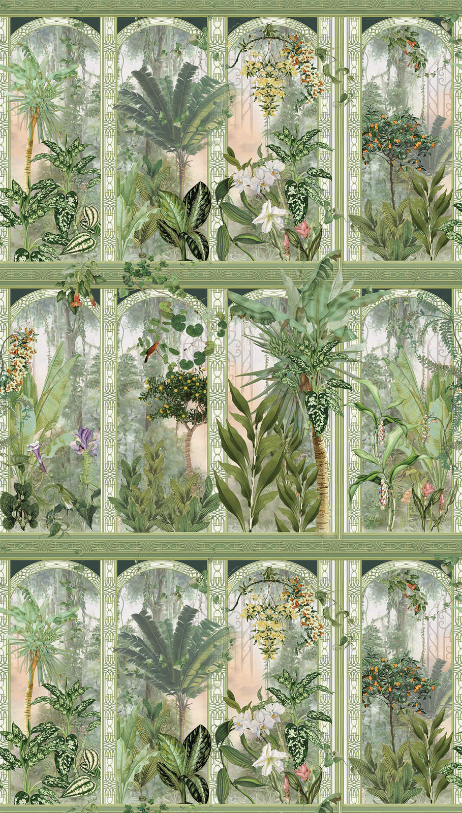             Onderlaag behang jungle motief met grote bladeren en bloemen - groen, bruin, wit
        