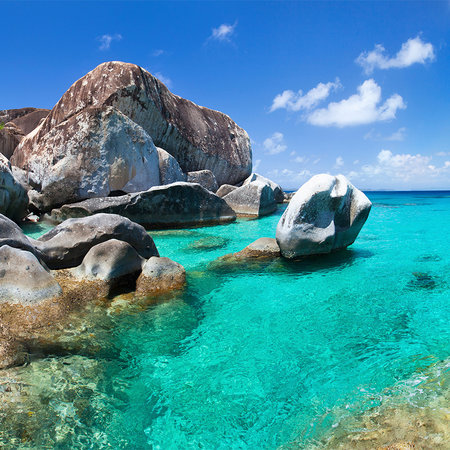 Papier peint Seychelles eau turquoise, rochers & palmiers
