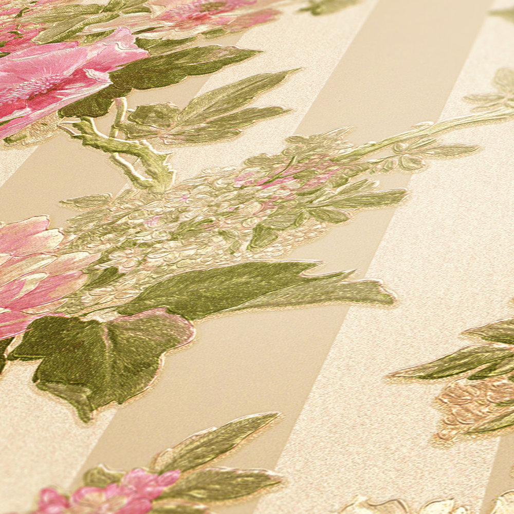             Papier peint motif fleurs et rayures - rose, vert, crème
        