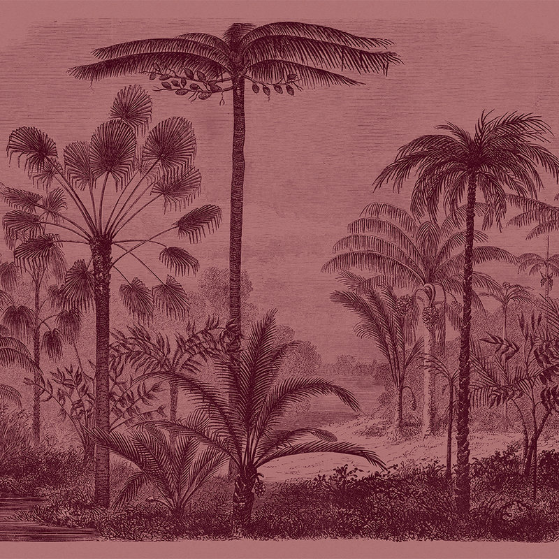 Jurassic 2 - Papel pintado con estructura de cartulina motivo jungla grabado cobre rojo - Rosa, Rojo | Felpa lisa mate
