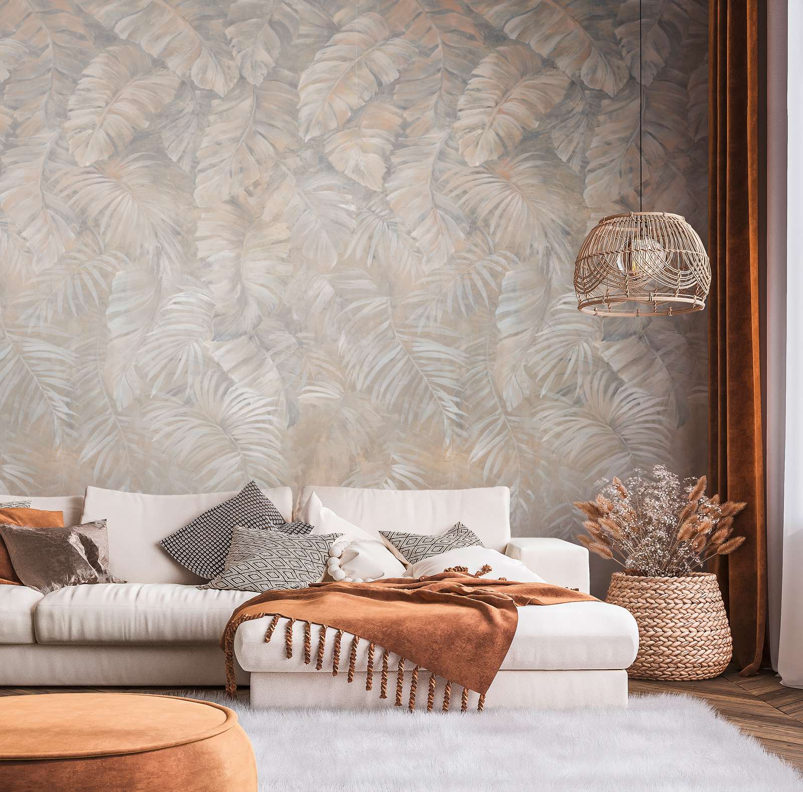             Large palm leaves wallpaper in subtle earth tones - brown, beige, cream
        