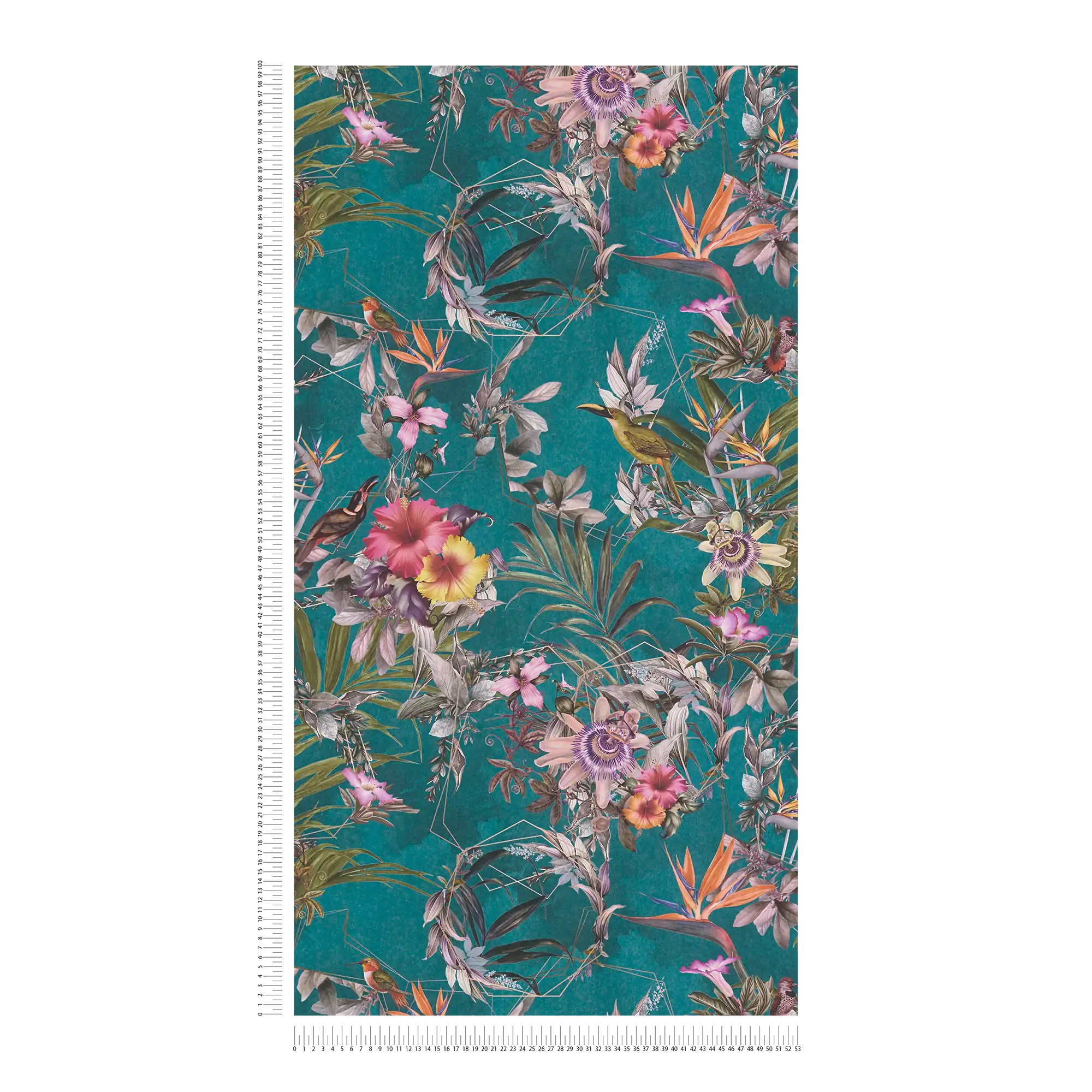             Jungle wallpaper tropical flowers & birds - turquoise, green, colourful
        