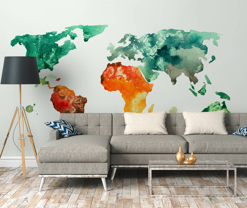             Papier peint panoramique Cartes du monde aquarelles - multicolore, blanc, vert
        