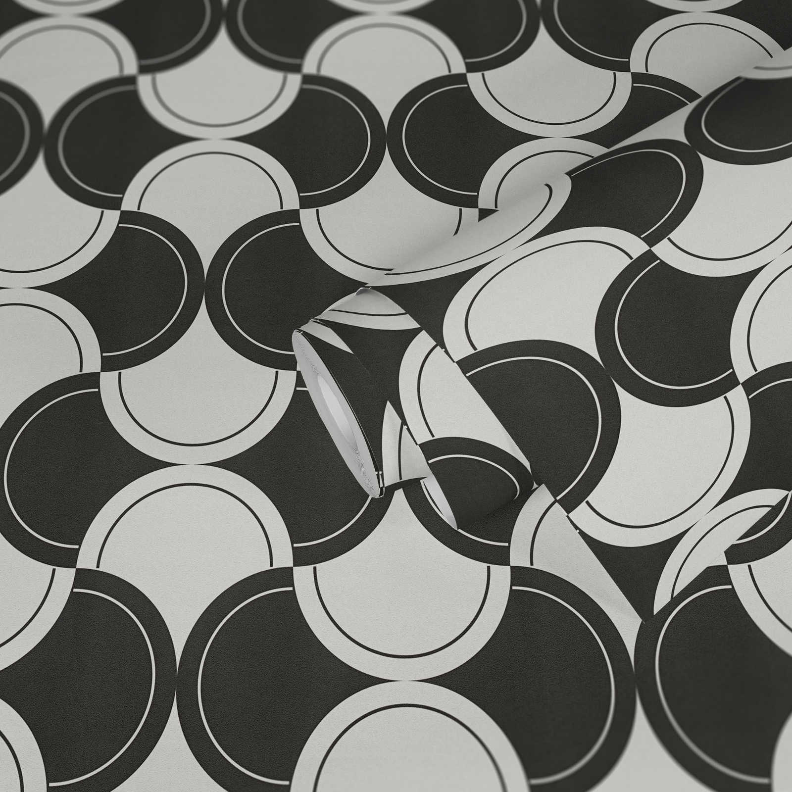            Vliesbehang retro patroon met cirkels jaren 70 stijl - zwart en wit
        