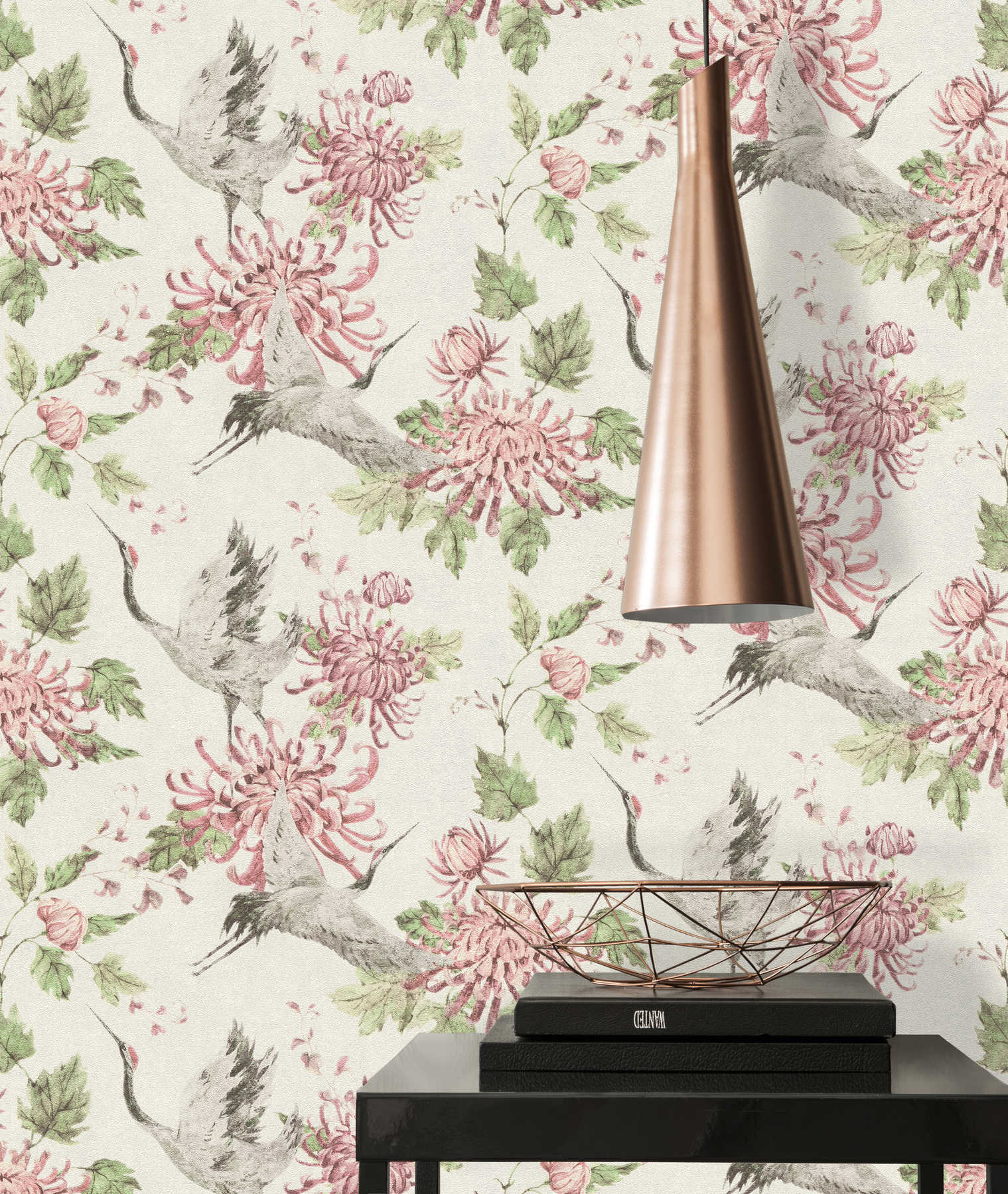             Pattern wallpaper with Asian crane and flower motif - pink, green, white
        