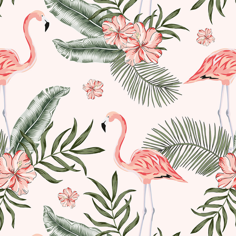         Flamingos and tropical plants - white, pink, green
    