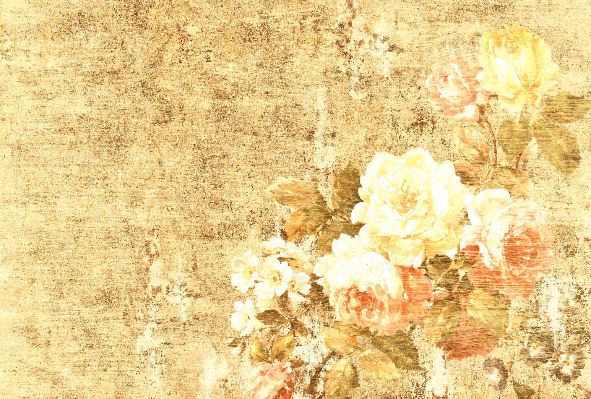             Papier peint panoramique Ornement floral avec roses, aspect rustique - jaune, rose, crème
        