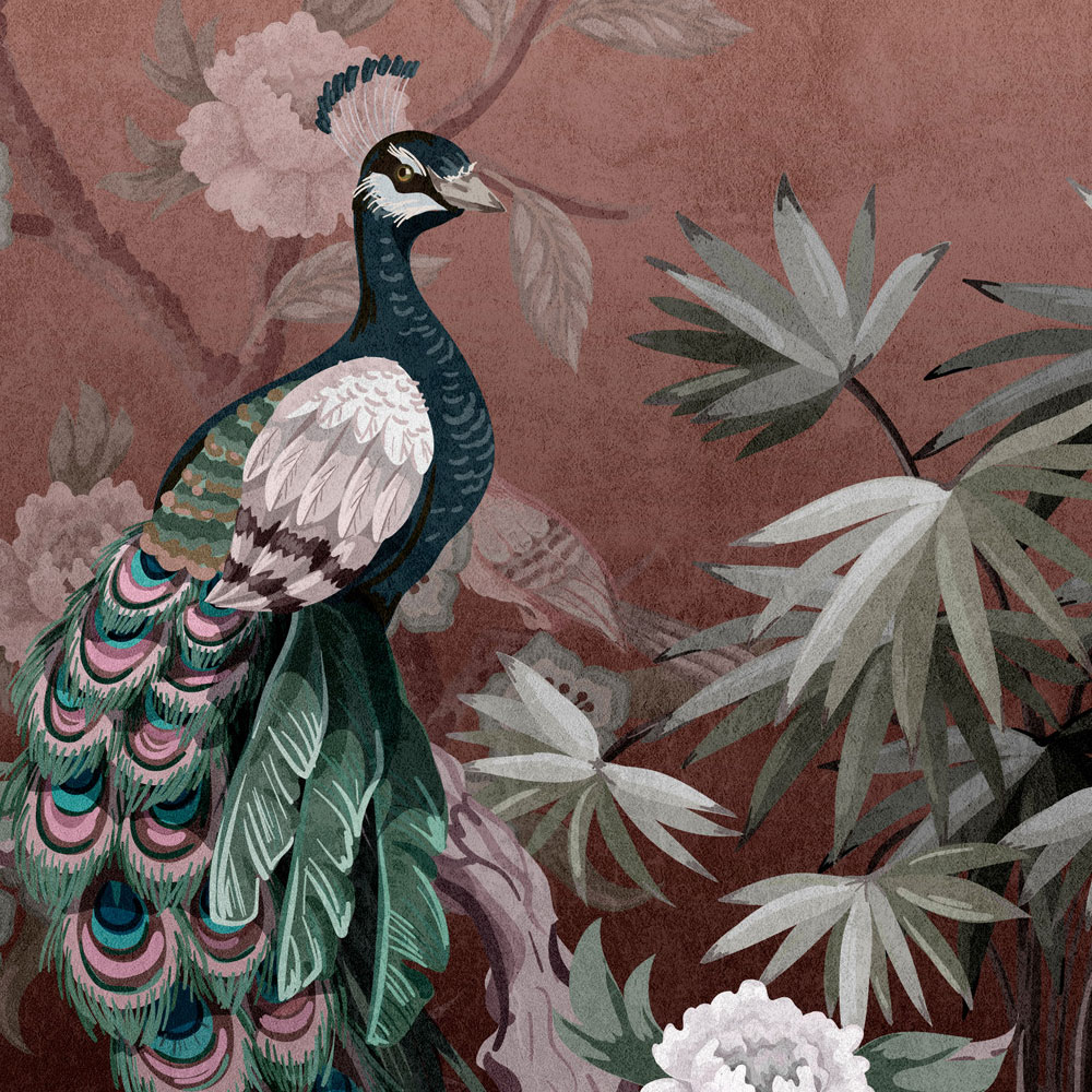             Peacock Island 1 - Carta da parati del giardino dei pavoni con fiori in rosa antico
        