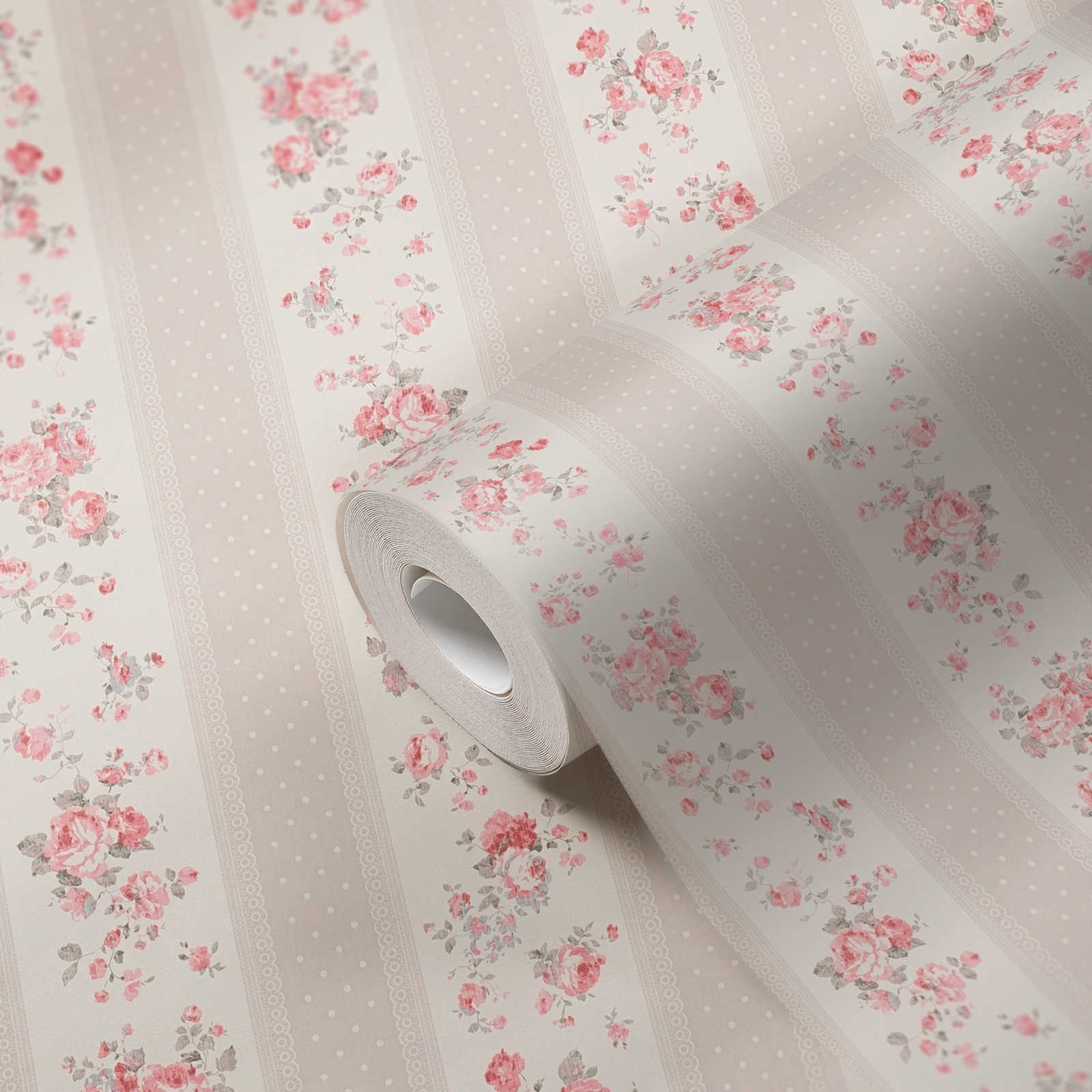             Shabby Chic style wallpaper with floral and dotted stripes - greige, white, red
        